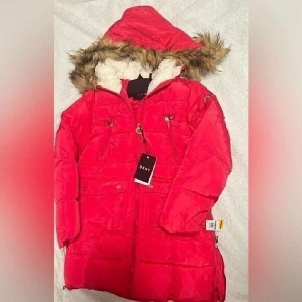 New DKNY Big Girls Long Puffer Jacket Fuschia size 16